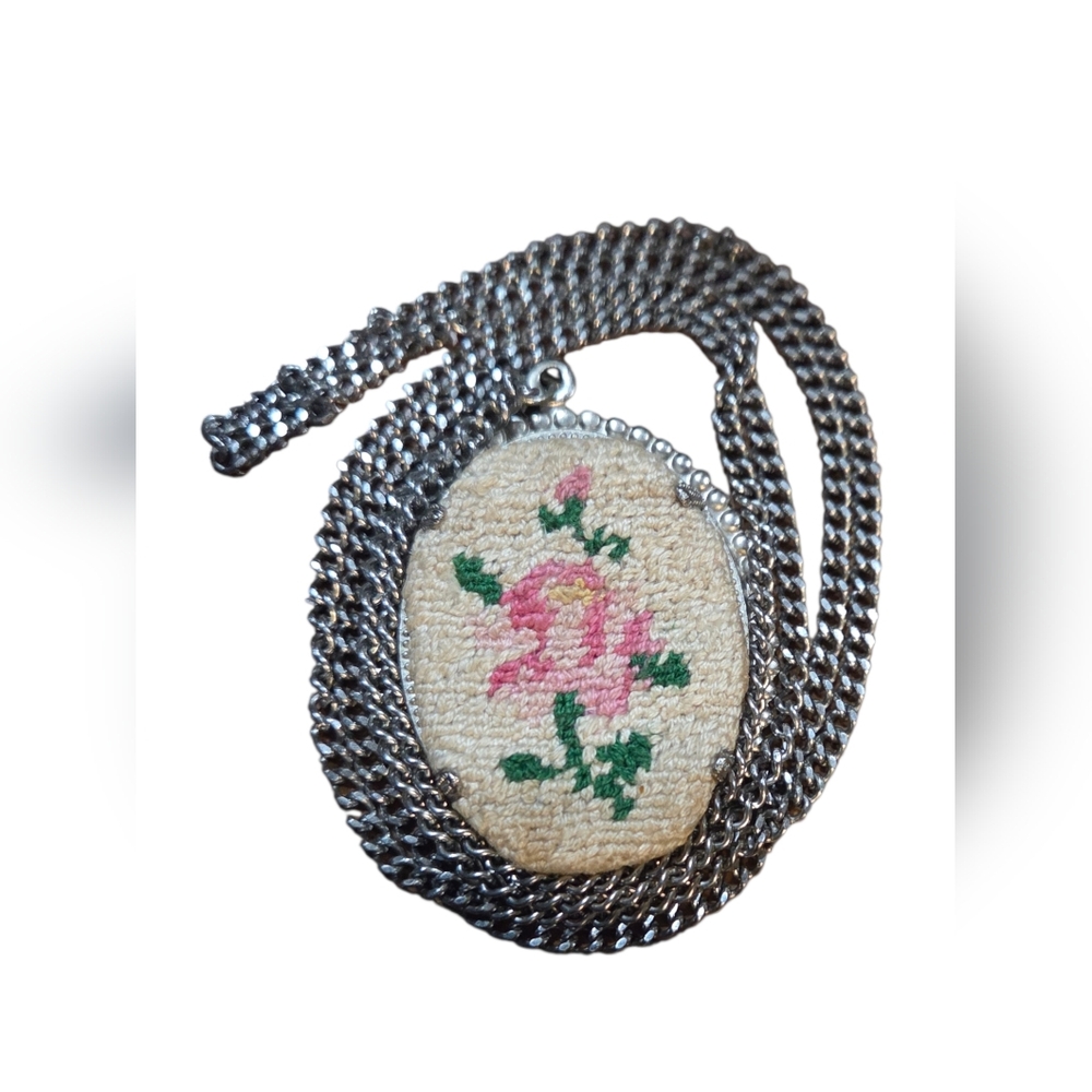 Vintage Petit Point Embroidery Pink Rose Flower & Greenery Silver Tone Pendant - Picture 6 of 8